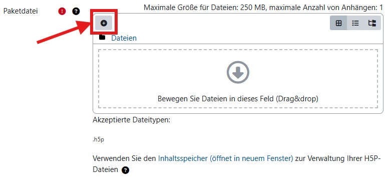 Screenshot des Dateiupload-Felds für die Paketdatei. Der Button 