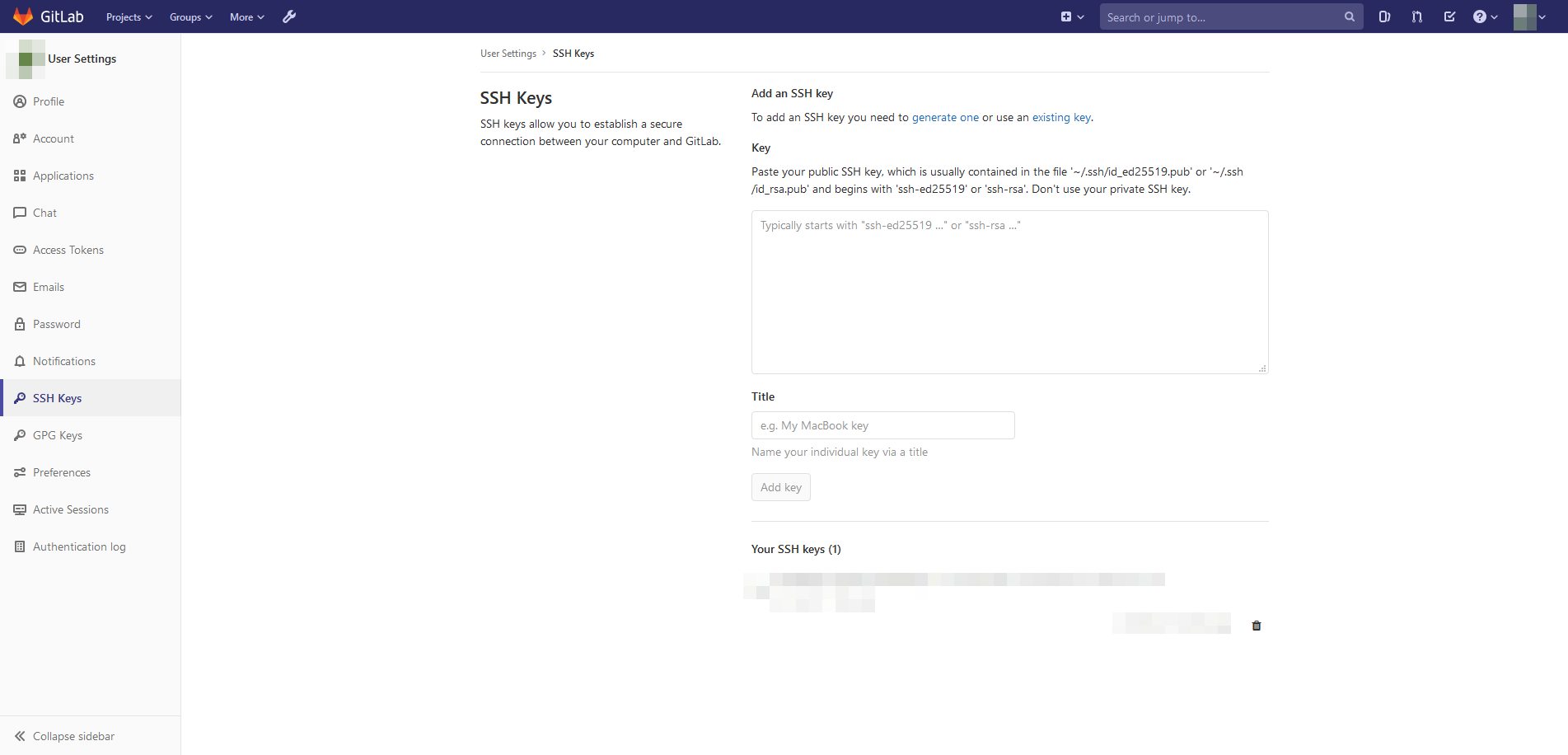 SSh Schlüssel Einstellungen in Gitlab