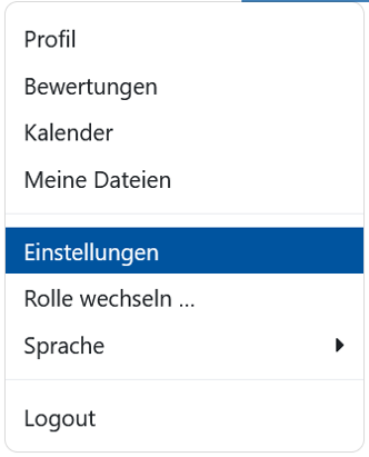Der Bildschirmausschnitt zeigt das ausgeklappte Menü mit den Optionen "Profil", "Bewertungen", "Kalender", "Einstellungen", "Rolle wechseln", "Sprache" und "Logout". Die Option "Einstellungen" ist hervorgehoben.