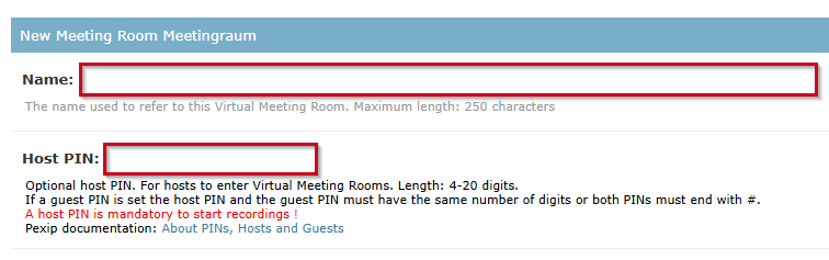 The picture shows the option for entering a name and a PIN for the meeting