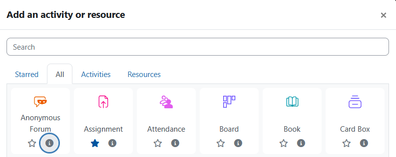 Screenshot: The activity chooser with some example activities. The assignment activity is marked as favorite.
