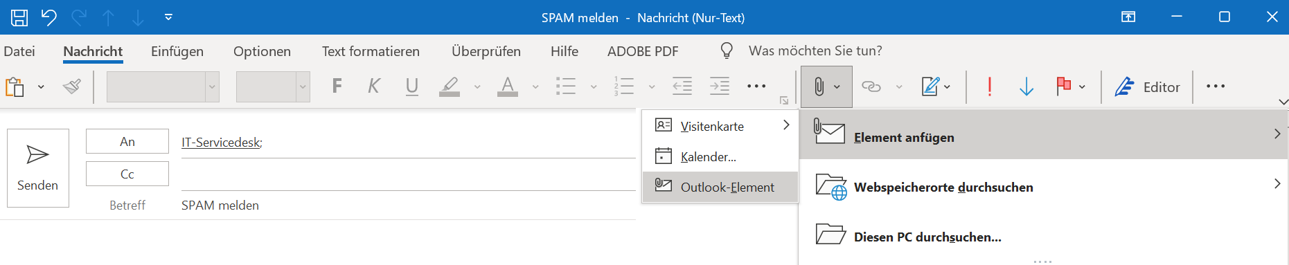 Outlook-Element als Anhang einfügen Outlook-Element als Anhang einfügen