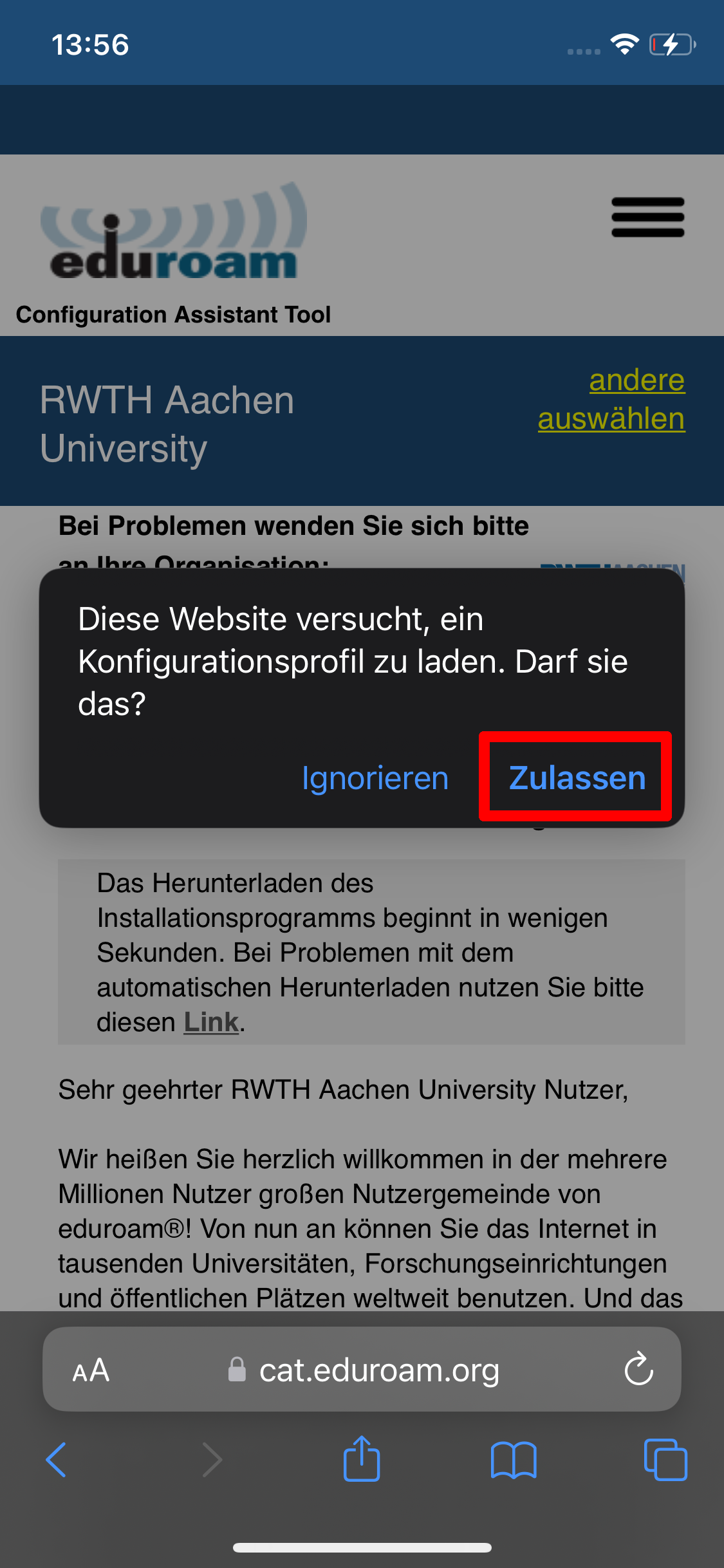 Screenshot des Pop-Up Fensters. "Diese Website versucht, ein Konfigurationsprofil zu laden. Darf Sie das?" Sie können zwischen Ignorieren und Zulassen auswählen.