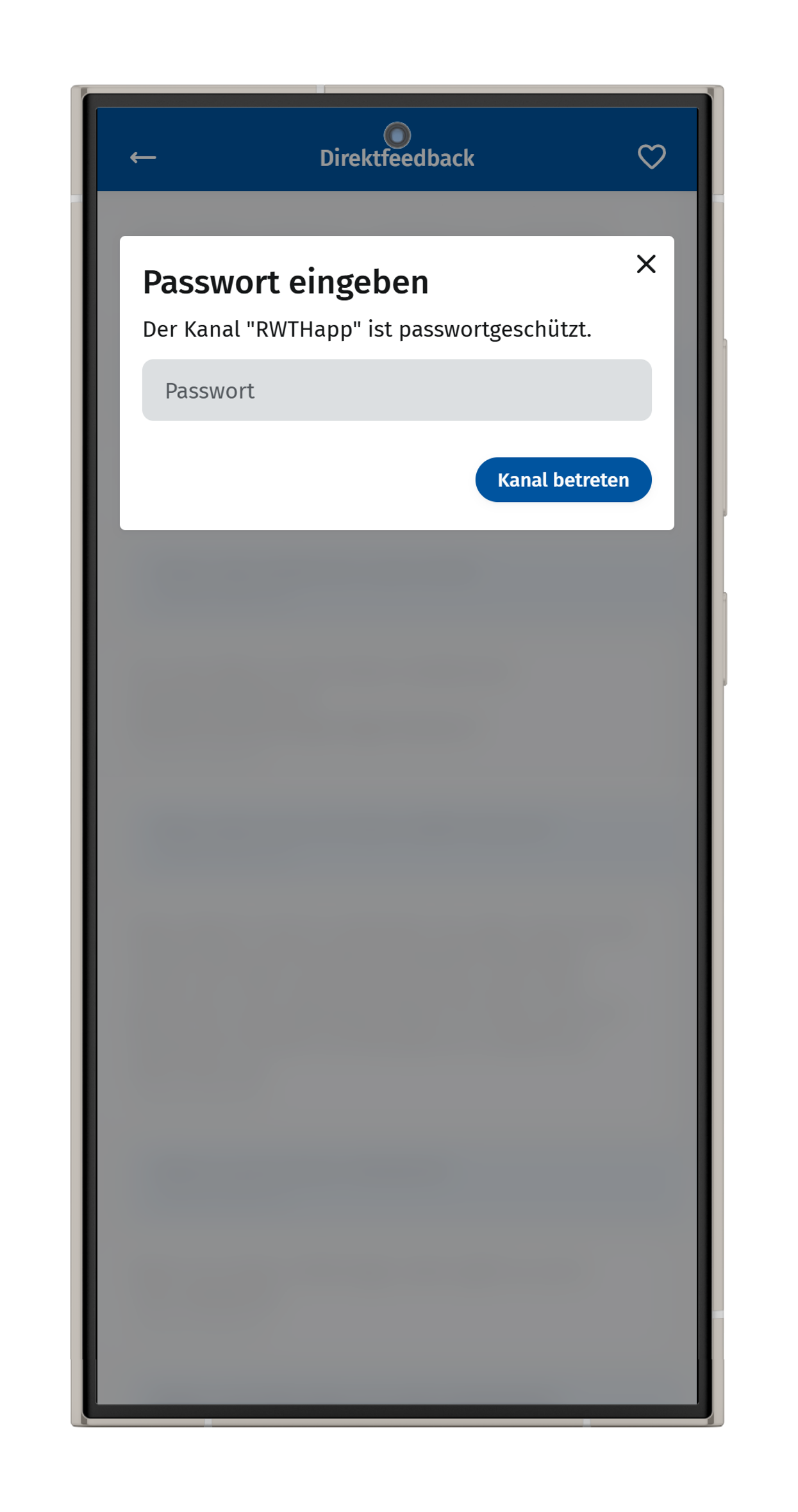 Screenshot der Studierendenansicht des Direktfeedbacks in der RWTHapp. Es erscheint das Popup-Fenster "Passwort eingeben".