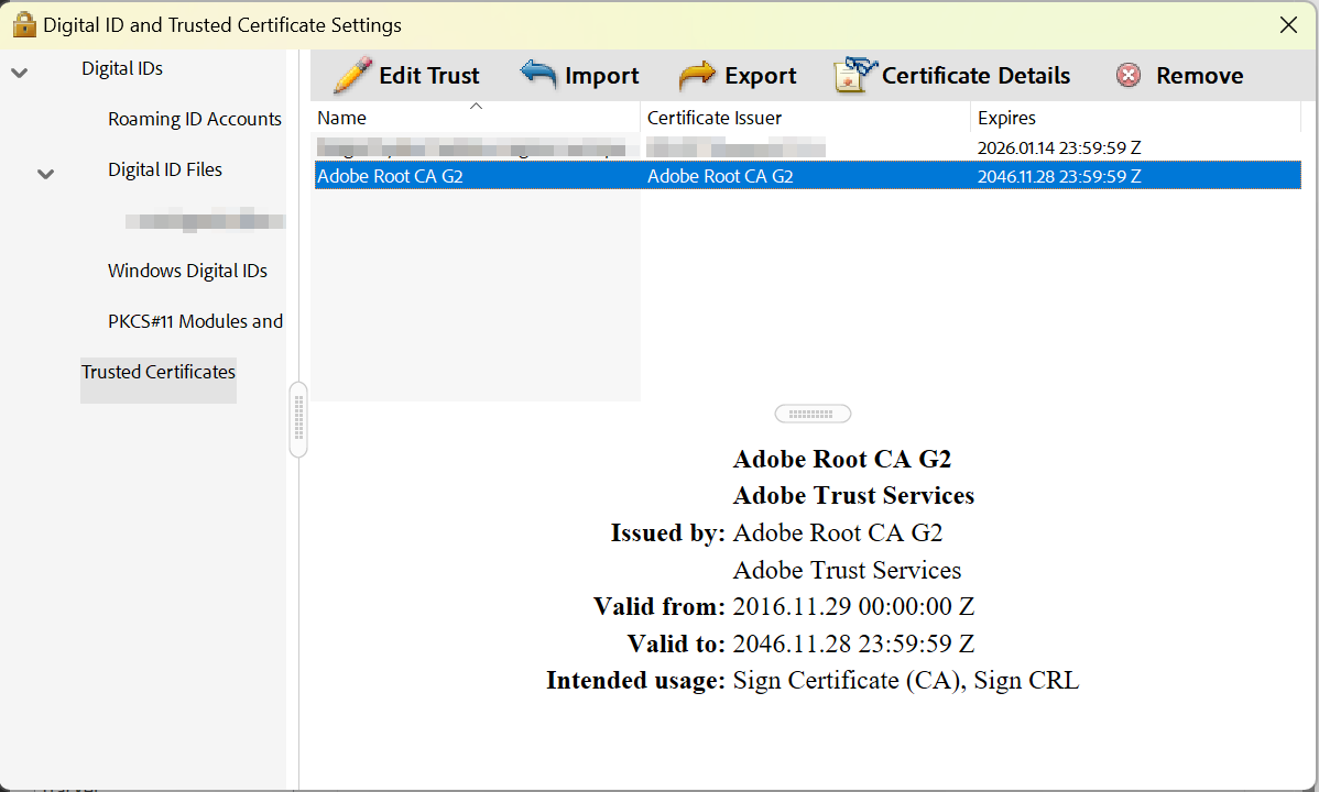 Adobe Root CA G2-Zertifikat Screenshot of the Trusted Certificates page with all certificates deleted except for Adobe Root CA G2.