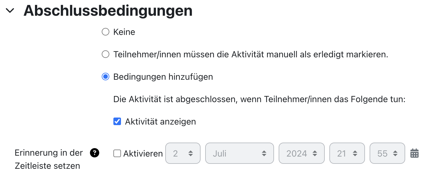 Screenshot der Abschlussbedingungen für die Textseite. Ausgewählt sind "Bedingungen hinzufügen" und die Option "Aktivität anzeigen".