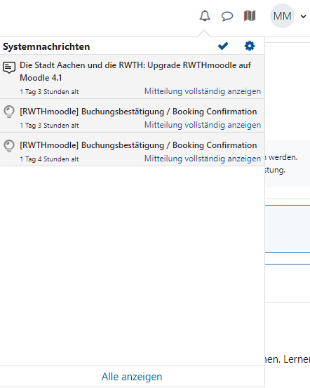 Screenshot der Liste einiger beispielhafter Benachrichtigungen, die nach Klicken auf das Glocken-Symbol im oberen rechten Bereich dargestellt werden.