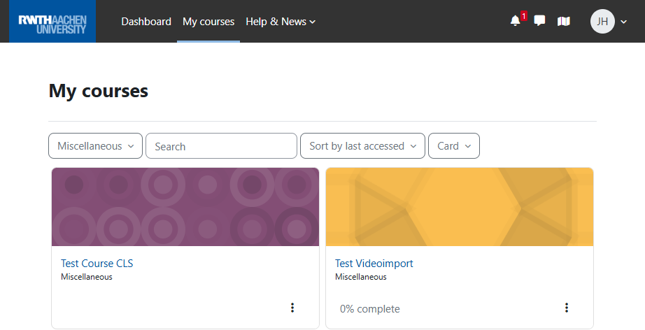 Screenshot of the “My Courses” list with two course tiles and the search, filter, and sort options
