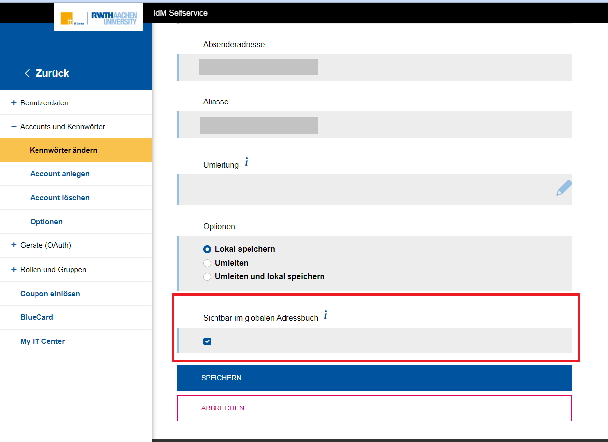 Sichtbarkeit im Adressbuch konfigurieren
