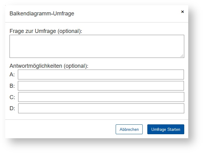 Screenshot of the survey tool. The fields are "Frage zur Umfrage" and "Antwortmöglichkeiten". You can enter up to four options. Below this are the buttons "Abbrechen" and "Umfrage starten".