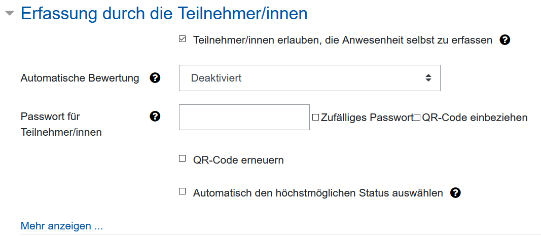 Screenshot Einstellungsoptionen für Erfassung der Anwesenheit durch die Teilnehmenden