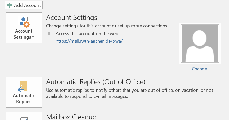 This picture shows the account settings Screenshot of the Account Information window, which graphically shows the selection of options from step 2. The Account settings selection is located to the left of your avatar / profile picture, directly under Add account under Microsoft Exchange.