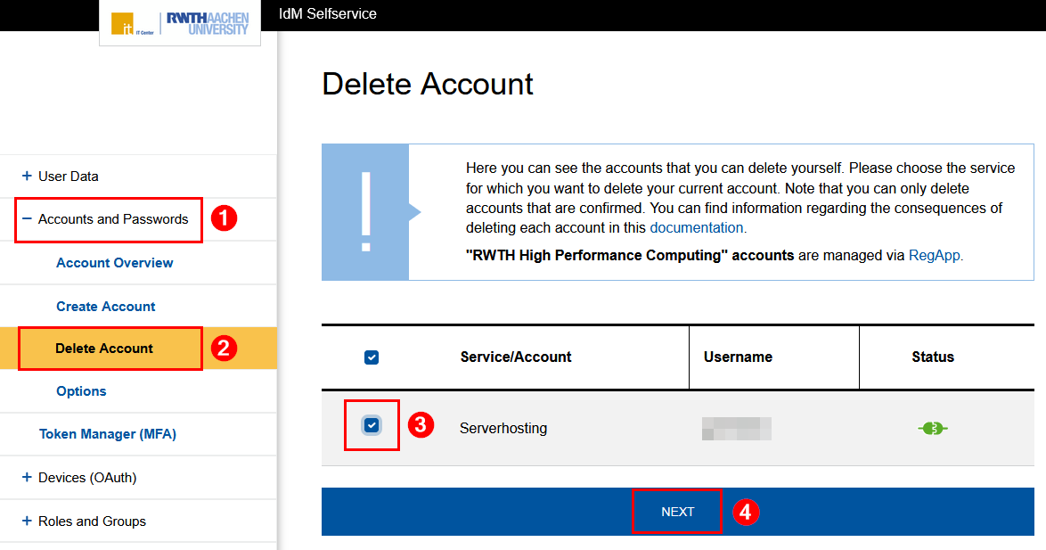 Screenshot of the IdM Selfservice. "Delete Account" is the third item in the expandable section "Accounts and Passwords". Step 4 describes the page itself.