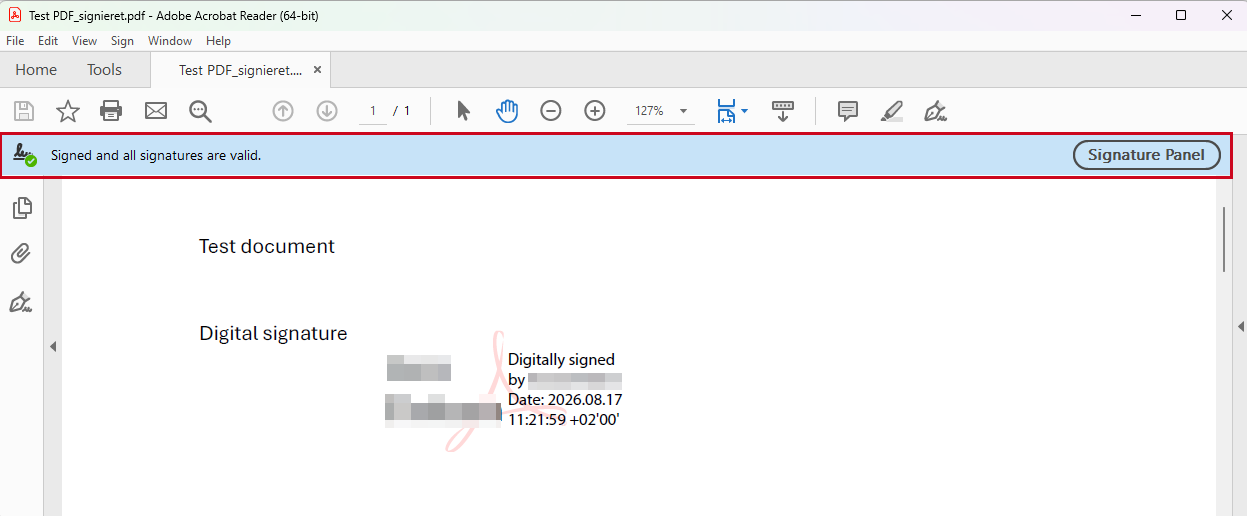 Digitally signed PDF document in Adobe Acrobat Reader. A message regarding the validity of the signatures is displayed in the signature panel.