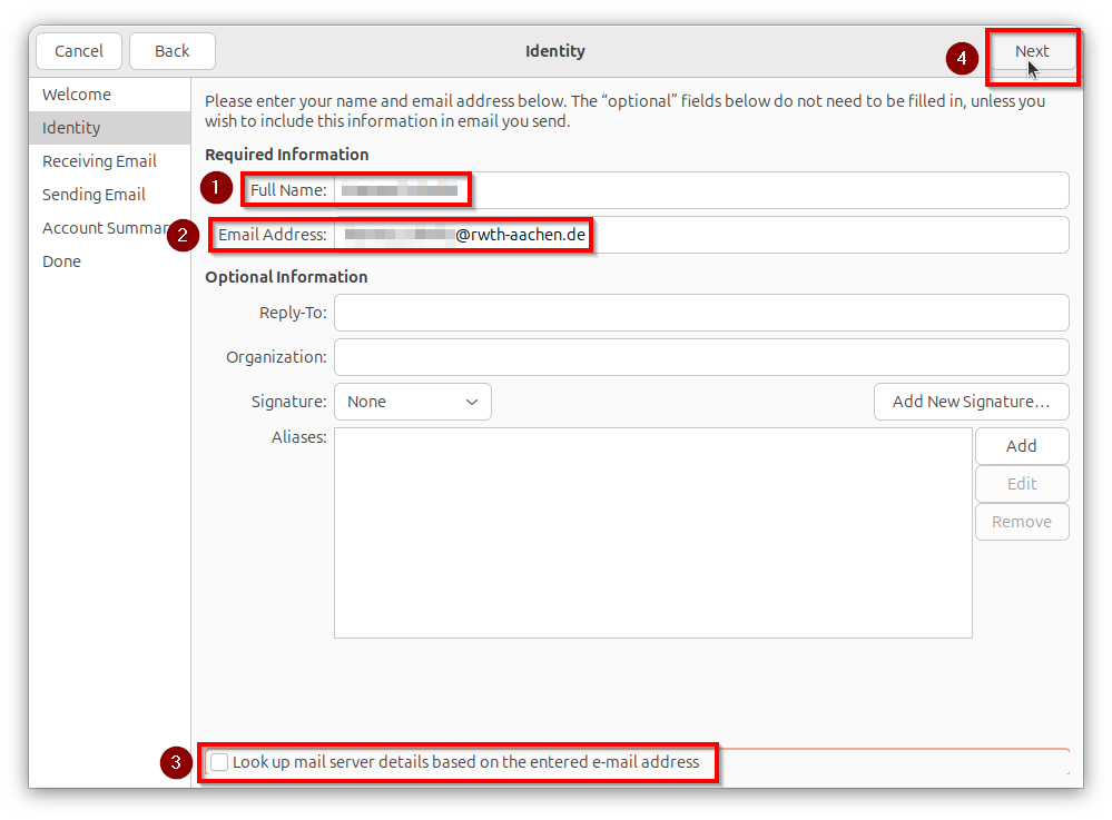 Screenshot of the ‘Identity’ window with the ‘Full name’ and ‘Email address’ fields marked in the centre, the ‘Next’ button marked  at the top right and ‘Look Up mail server details based on the entered email adress’ marked at the bottom.