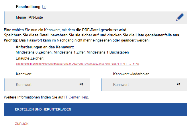 Screenshot der Ansicht fertigstellen des Tokens. Der Name wird in ein Feld unterhalb von „Beschreibung“ am Anfang der Seite eingetragen. Das Kennwort wird nach der Erklärung der „Anforderungen an das Kennwort“ eingetragen und wiederholt. Der Button zum „Erstellen und Herunterladen“ befindet sich am Ende der Seite.