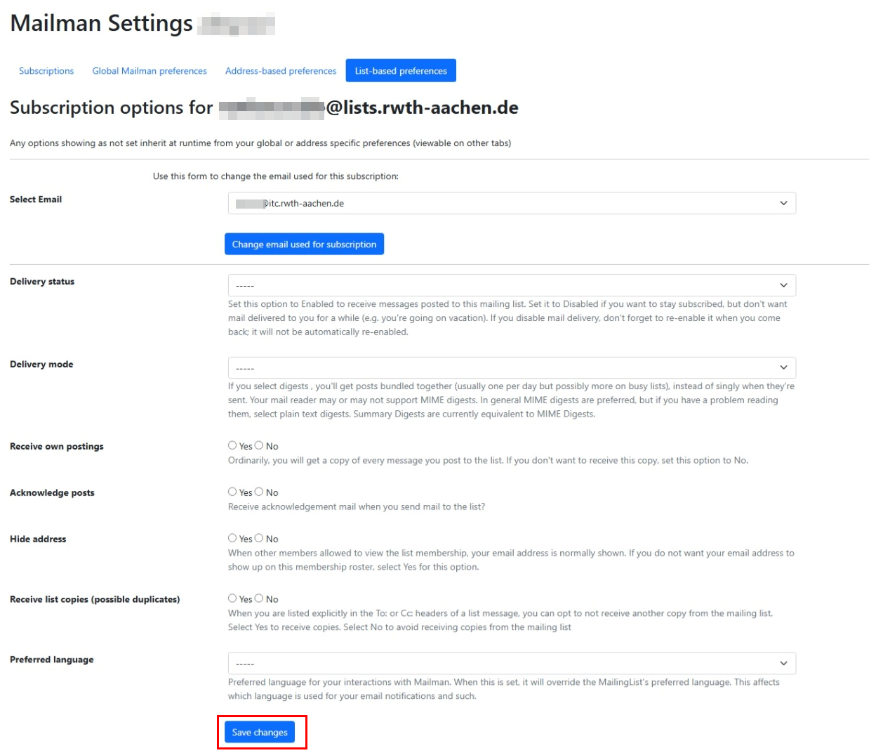 This is a screenshot of the list settings. The settings are described below. A brief description of each setting is provided in Mailman below each field. The "Save Changes" button is located below the fields.