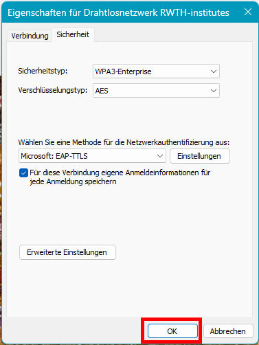 Screenshot der Registerkarte "Sicherheit". Die Schaltfläche "OK" befindet sich unter "Erweiterte Einstellungen".