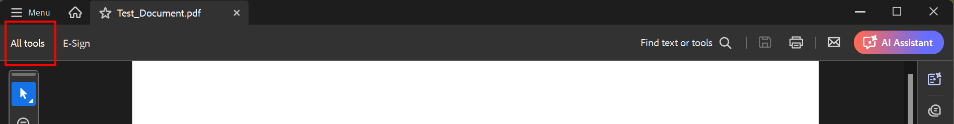 Werkzeuge wählen Screenshot of the Tool Bar. "All Tools" is the first element, before "E-Sign".