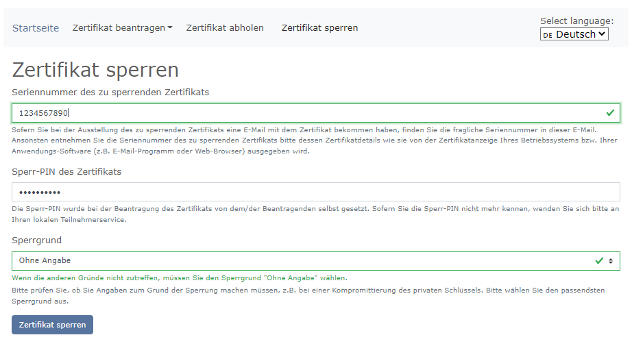 Formular zur Sperrung vom Zertifikat