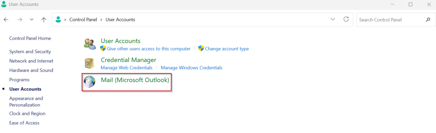 Mail (Microsoft Outlook) under User Accounts
