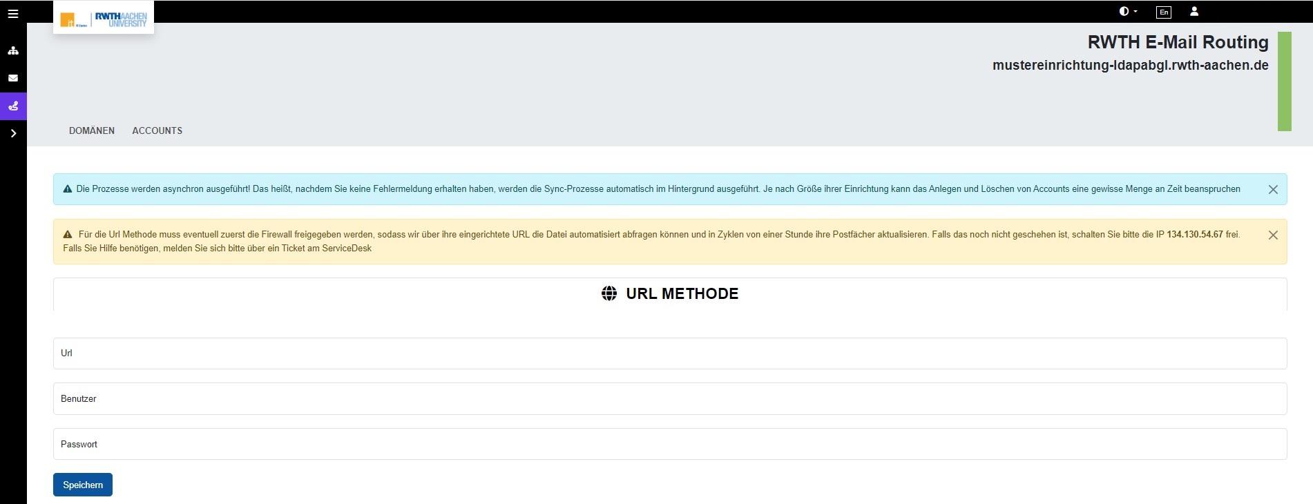 Screenshot of the RWTH email web app in German. Two error messages are displayed, which translation now follows: The processes are executed asynchronously! This means that once you have not received any error messages, the synchronization processes will run automatically in the background. Depending on the size of your institution, creating and deleting accounts may take some time. The second error message is: "The firewall may need to be enabled for the URL method so that we can automatically query the file via your configured URL and update your mailboxes in hourly cycles. If this has not already been done, please enable the IP 134.130.54.67. If you need help, please contact the ServiceDesk via a ticket."