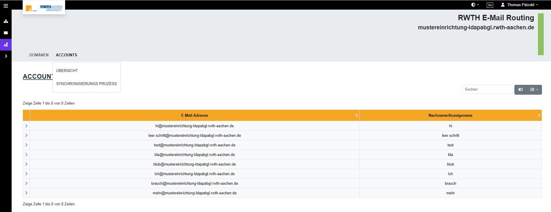 Screenshot of the RWTH email web app. At the top of the page, you can choose between domains and accounts. These are listed in a table below. Above the table, there is a search field for this table.