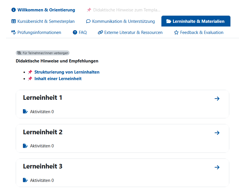 Screenshot: Mehrere Kursraumüberschriften in Tabs. "Lerninhalte und Materialen" wird mit einem Mauszeiger angeklickt. Darunter befindet sich Text und "Modul 1" und "Modul 2"
