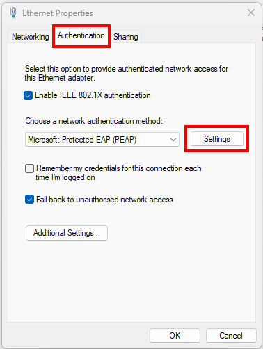 Screenshot of Ethernet Properties, Authentication tab. The required settings are listed in steps 7 through 9.
