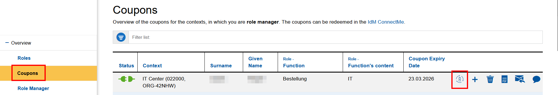 Screenshot of the "Coupons" tab in role management. "Extend coupon" is the first of 6 icons in the "Coupon expiration date" column.