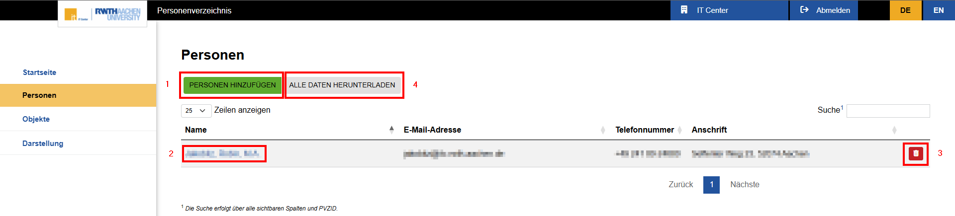 Personen Übersicht Screenshot der Seite „Personen“ im Personenverzeichnis. Der Button „Personen hinzufügen“ befindet sich unter der Überschrift "Personen".