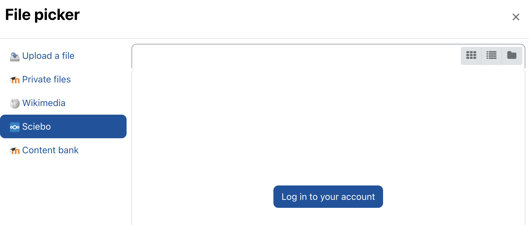 The screenshot show the "File picker". All possible repositories are listed on the left, "Upload a file", "Private files", "Wikimedia", "Sciebo", and "Content bank", the option "Sciebo" is selected. In the area to the right the button "Log in to your account" is shown.