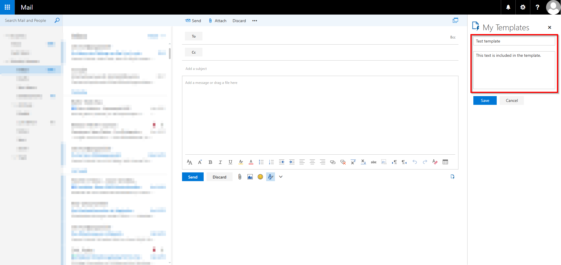 Screenshot of the RWTH Mail app showing the input fields for a template marked to the right of the email editor.