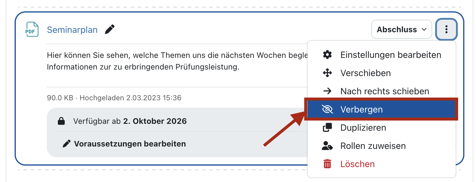Screenshot: Kursseite mit Aktivität, deren Kontextmenü geöffnet ist. Die Option 
