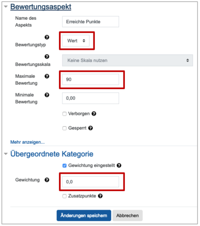 Bewertungsaspekt Einstellungen Screenshot: Bewertungsaspekt Einstellungen