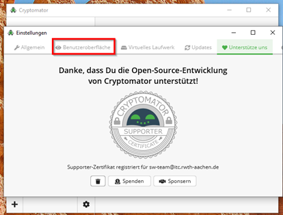 Screenshot des Fensters Einstellungen im Reiter "Unterstütze uns" auf dem oben links der Reiter "Benutzeroberfläche" markiert ist.