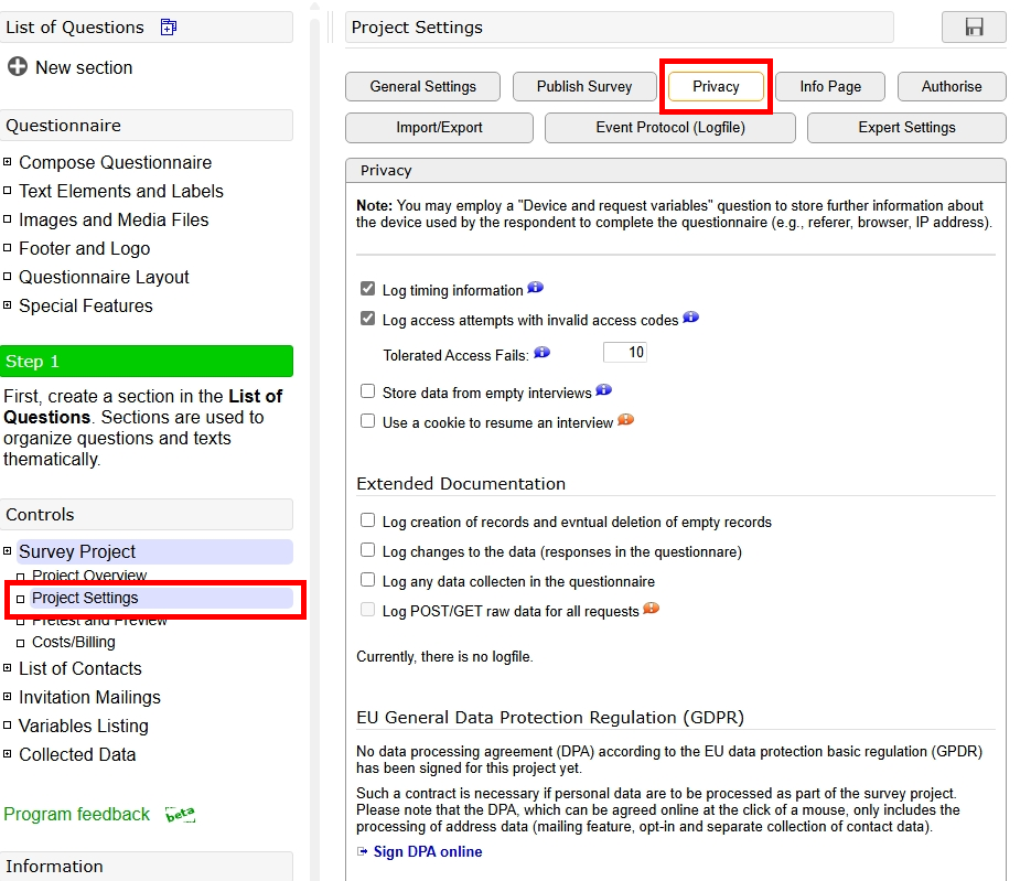 Screenshot of the project settings. "Privacy" is the third tab out of seven.
