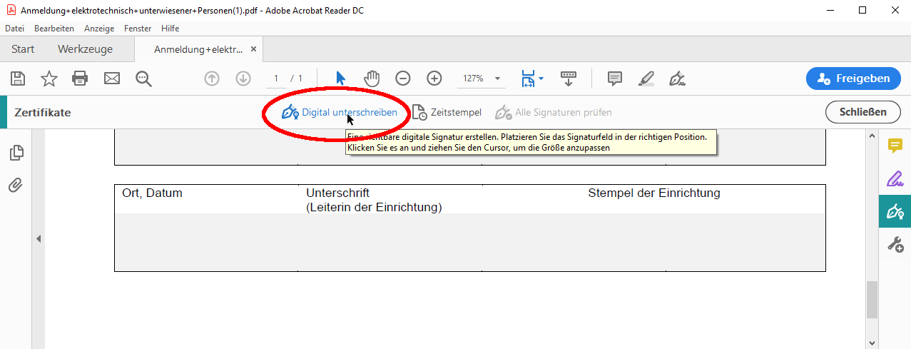 „Digital unterschreiben“ wählen „Digital unterschreiben“ wählen