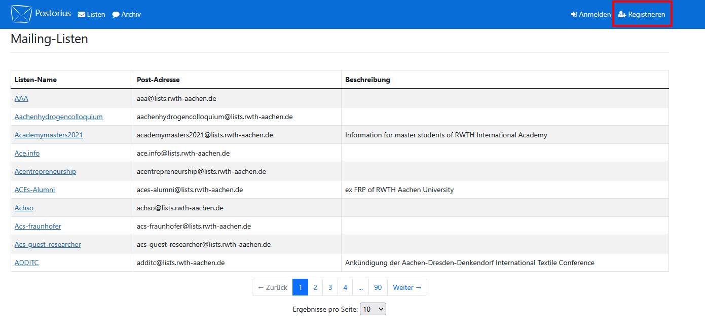 Screenshot der Mailman Startseite. "Registrieren" befindet sich nach "Archive" und "Anmelden".