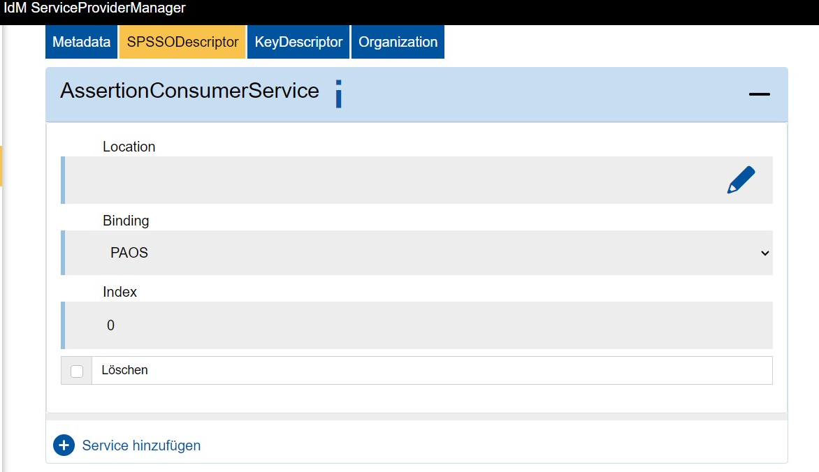 Screenshot des Reiters SPSSODescriptors im Bereich "AssertionConsumerService". Sie können die Location eintragen, das Binding auswählen und den Index eintragen.