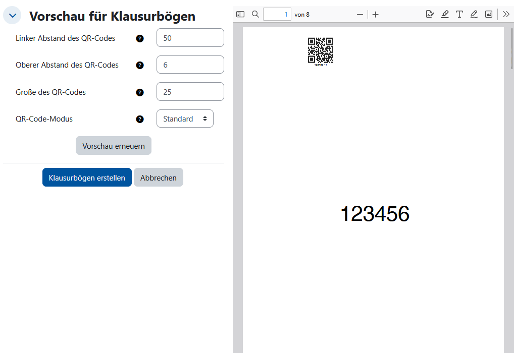 Screenshot der Vorschau für die Klausurbögen. Links neben der eigentlichen Vorschau kann der QR-Code in Größe und Position angepasst, der QR-Code-Modus eingestellt und die Vorschau erneuert werden. Unter den QR-Code-Optionen ist der Button "Klausurbögen erstellen".