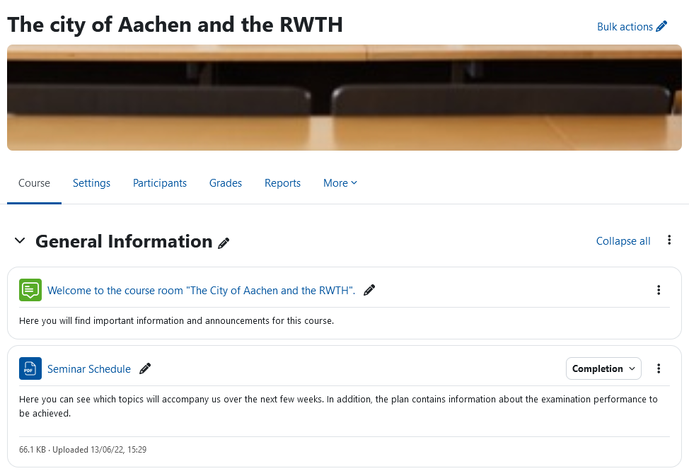 Screenshot: Part of the course page with one section and activities, also showing different elements for editing.