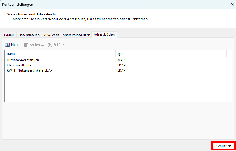 Das RWTH-LDAP in der Liste der Adressbücher Das RWTH-LDAP in der Liste der Adressbücher