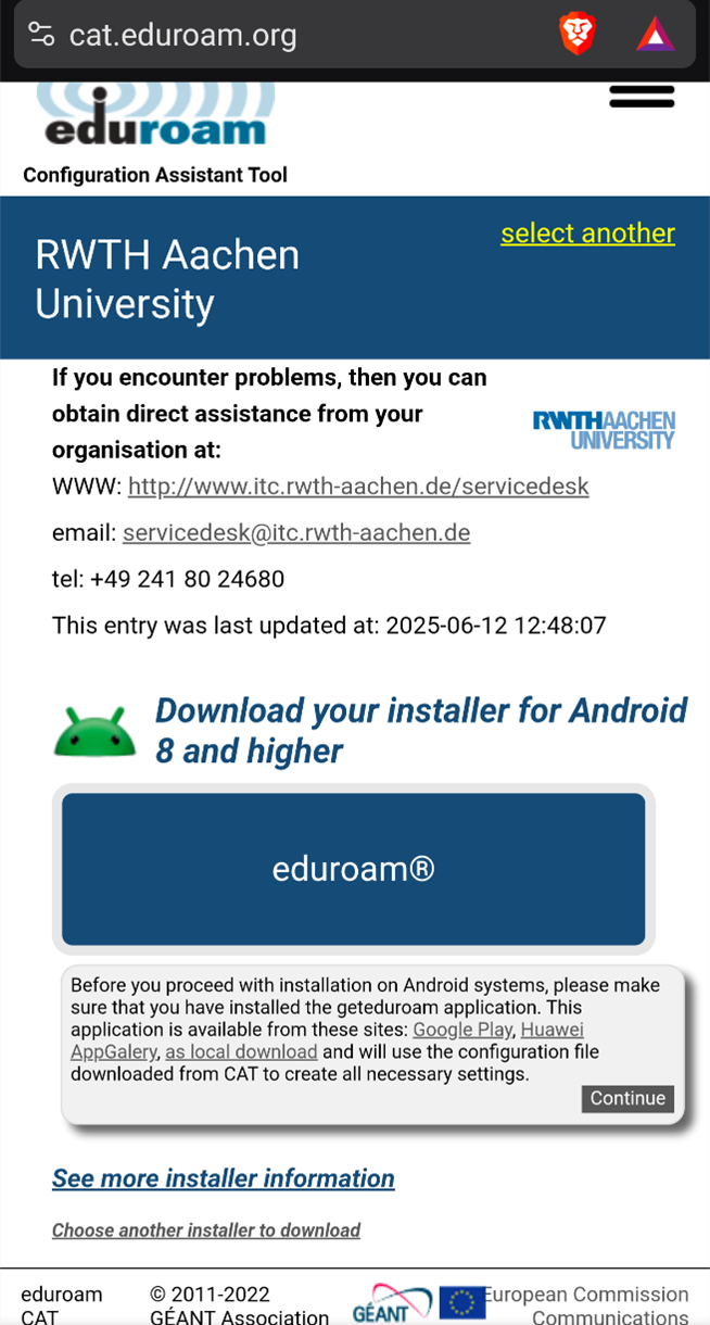 Die Download-Schaltfläche für die eduroam-Konfigurationsdatei, mit einem Hinweis auf die Installation der geteduroam-App, der darunter angezeigt wird. Die Download-Schaltfläche für die eduroam-Konfigurationsdatei, mit einem Hinweis auf die Installation der geteduroam-App, der darunter angezeigt wird.