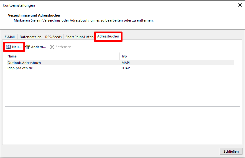 Neues Adressbuch einbinden Neues Adressbuch einbinden