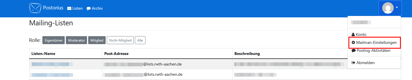 Screenshot der Mailman Startseite. Das Profilbild wird als Ihren Benutzernamen vorgelesen. "Mailman-Einstellungen" befindet sich zwischen "Konto" und "Posting-Aktivitäten".
