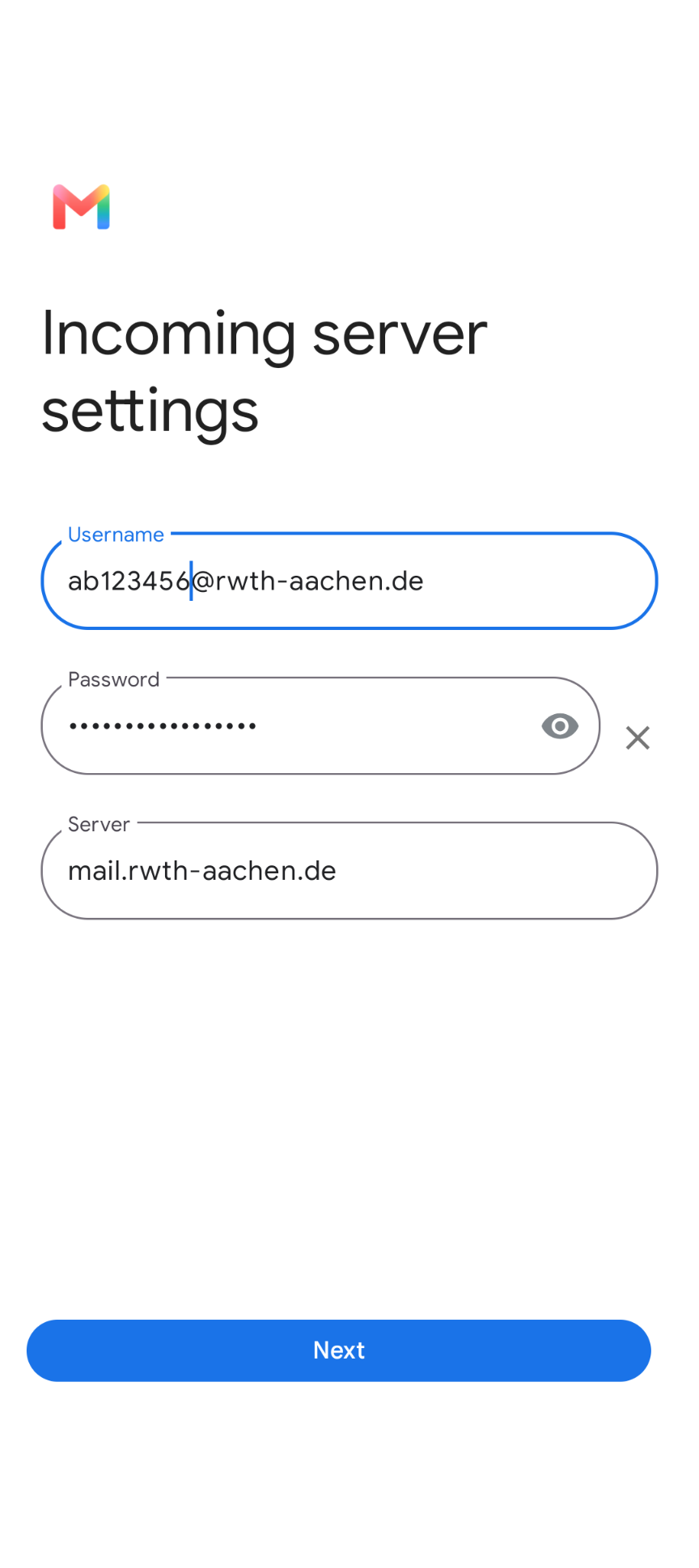 Incoming server settings
