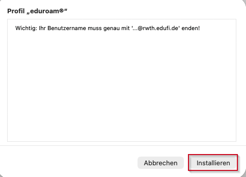 Popup-Fenster Profil eduroam 