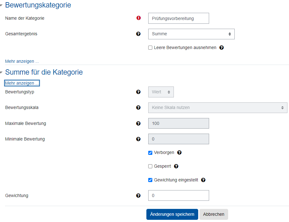 Screenshot: Einstellungsoptionen für Bewertungskategorie anlegen