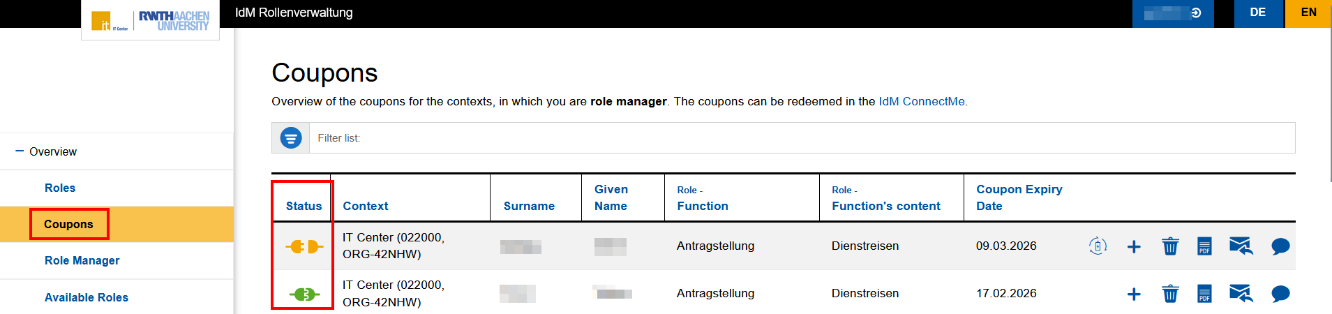 Screenshot of the "Coupons" tab in role management. The coupons are listed in a table. The table has 7 columns: Status, Context, Surname, Given Name, Role - Function, Role - Function's Content, and Coupon Expiration Date.